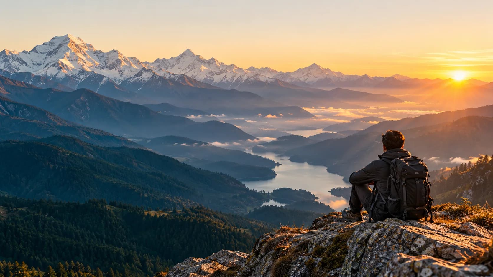 Backpacker looking over a Himalayan mountain valley at sunrise